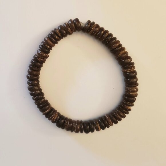 Coconut Shell Bracelet Beaded Elastic Cord Stretchy Brown Tan Beachy - Picture 2 of 5